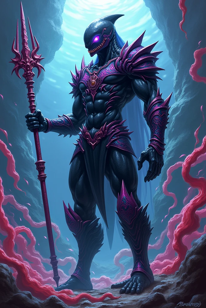 warrior with spear, humanoid appearance, no shield, Fins on the arms and legs, armor with spikes similar to sea creatures, helmet, yugioh style, black armor and helmet, sea creature, without syrup, thin and muscular body, armor over the entire body, the armor must be black, must have rviolet eyes and fins on the arms and fins on the legs, warrior of atlantis, fish fins are located in the forearm and calf region. The helmet resembles the head of a shark, detalhes com palheta rosa e violetas brilhantes ao longo da armadura, chaos creature, masculine creature, sem boca, a armadura cobre todo o corpo e preta brilhante, cenário com palhetas vermelhas rosas e violetas