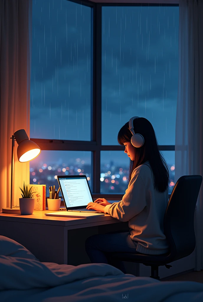 A cozy night scene in an apartment bedroom. A young electronic girl sits at a desk, focus on her studies,Open notebooks and laptops. she wears comfortable, Stylish clothing,wearing headphones. The room is softly lit by a warm desk lamp, The rain taps gently on a large window next to her, City lights glow faintly in the background. Peaceful atmosphere,Slightly melancholy, The sound of rain adds to feelings of calm and focus,when she is immersed in her work.