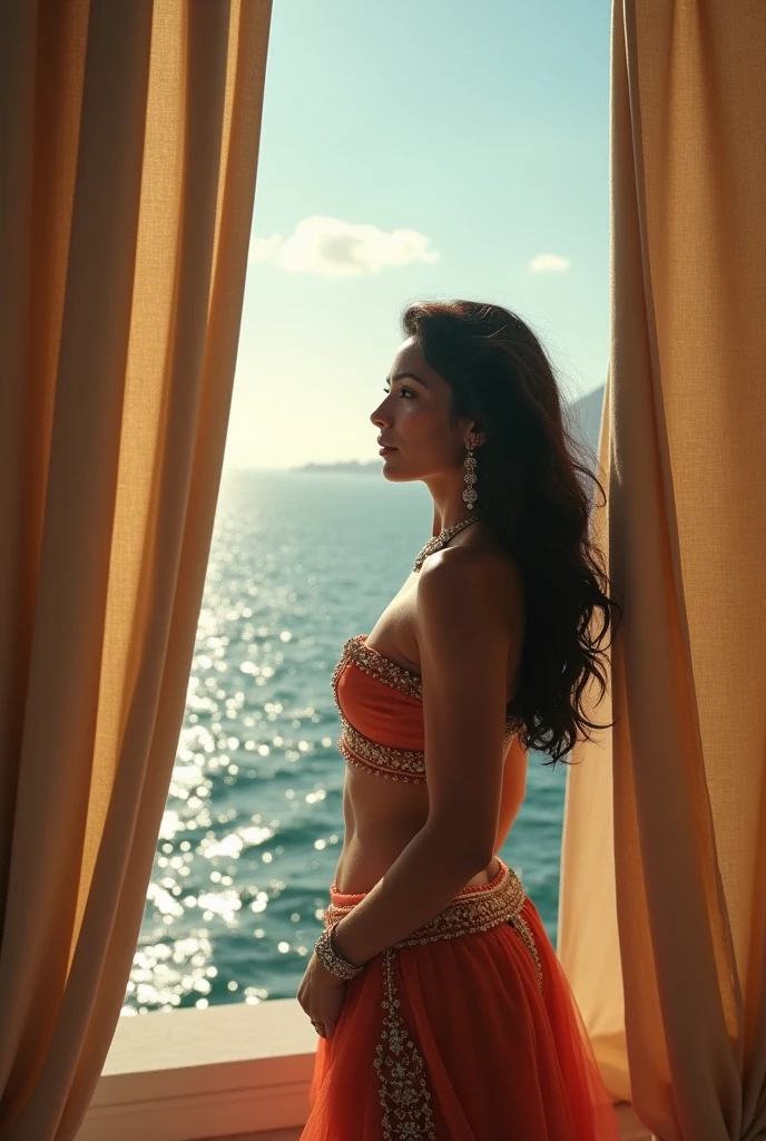 women, king, latina, beautiful, new model body, with his back to a half-open curtain overlooking the sea 