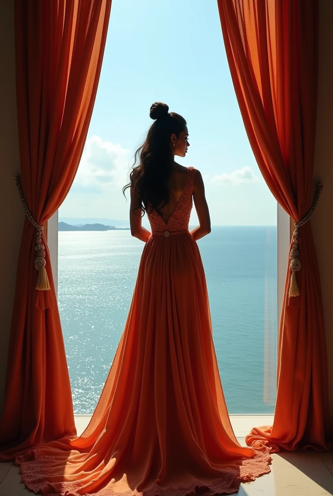 women, king, latina, beautiful, new model body, with his back to a half-open curtain overlooking the sea