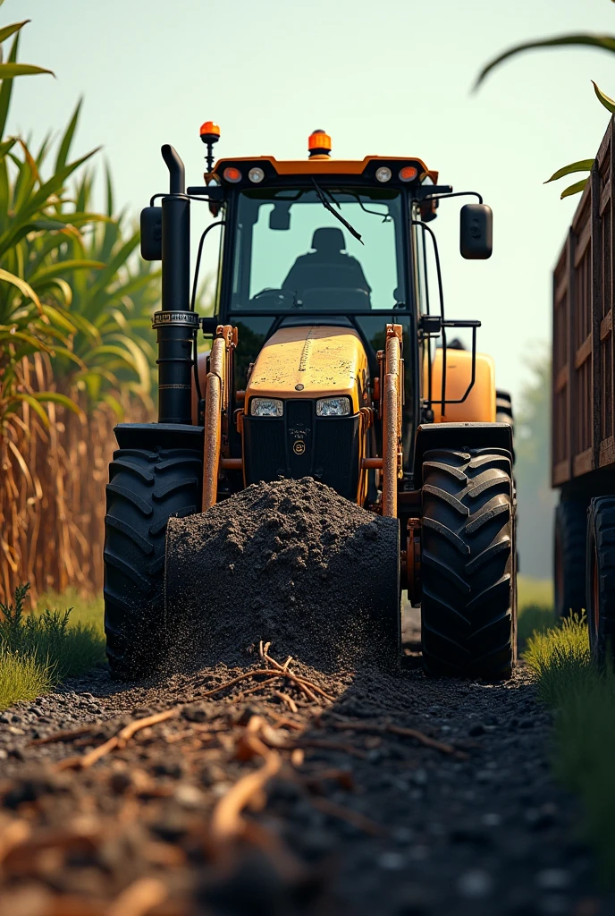 Sugarcane loader, placing burnt sugarcane on the transport tractor trailer.