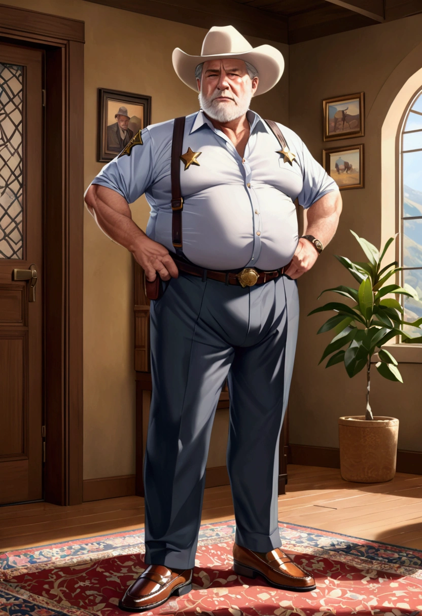 (8K, top-quality, masterpiece: 1.2), (Age: 60, White man, retired sheriff ), (Disgusting, Horny: 1.1), (Muscular, Chubby: 1.1), (Kind: 1.3), (Wearing a shirt unbuttoned to the navel, Mature Daddy), (Dress Pants: 1.3), (Very Hairy chest and belly, Small Hard Nipple), (Visible Bulge), (Loafer: 1.2),
Imagine a masterpiece of an image, captured in the highest resolution of 8K, showcasing a white man in his sixties, playing the role of a retired sheriff
