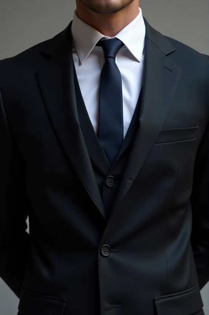 Matt black suit close white inner shirt with dark blue tie