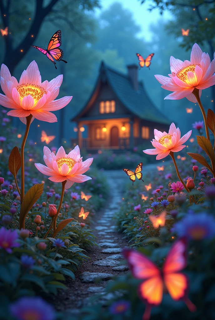 A picture of a magical flower garden, with magical flowers, and butterflies flying, glowing home light 