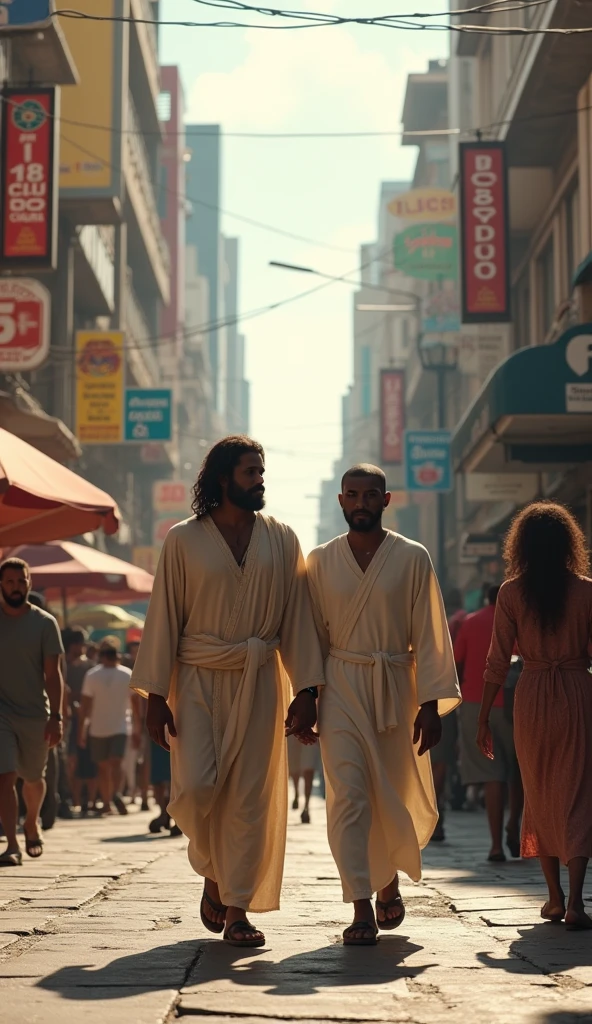 Jesus walking with a black man through the streets of Sao Paulo