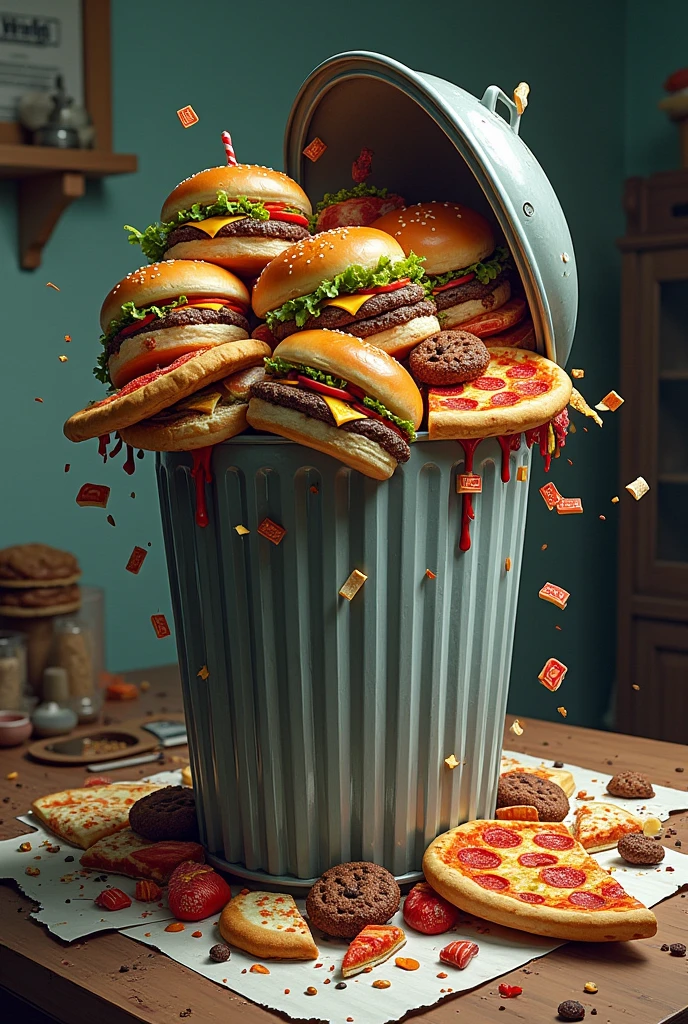 trash can full of hamburgers pizzas and sweets on a table