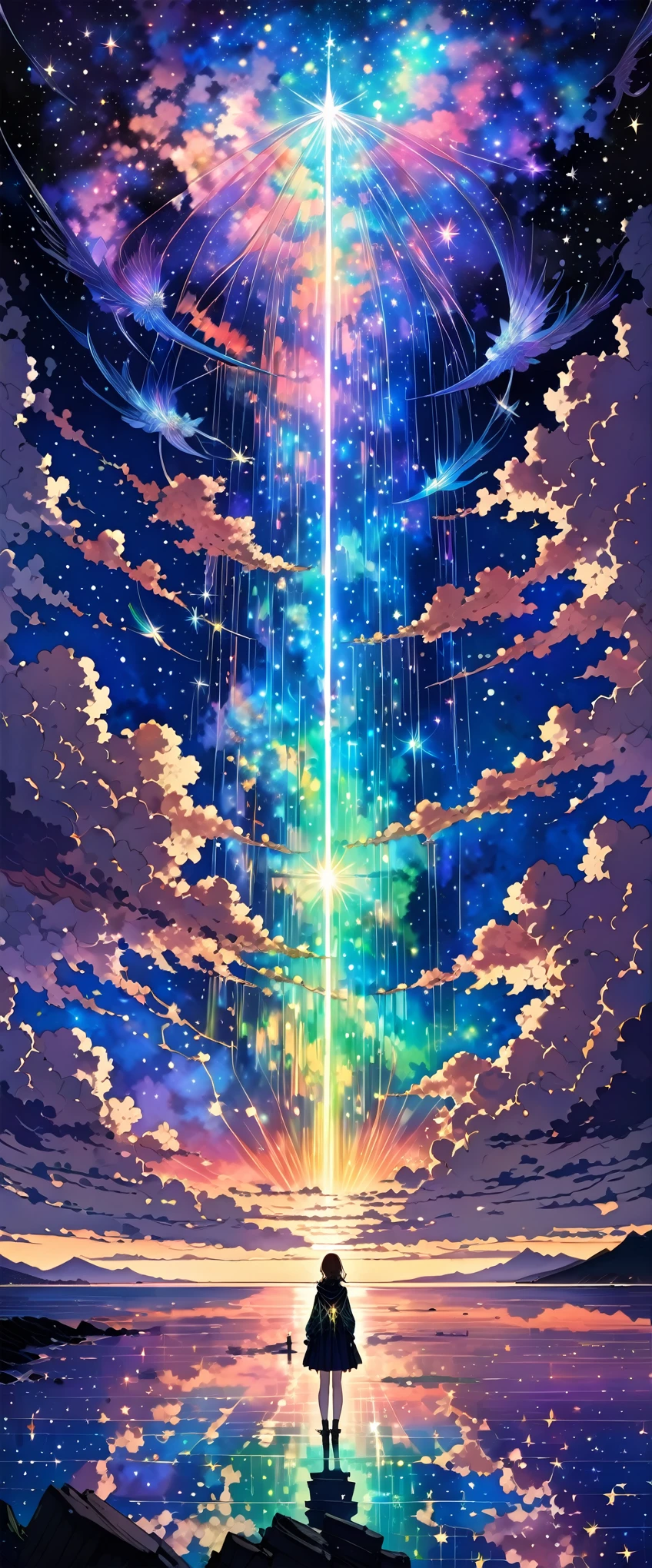in style of Harry Clarke,in style of Jaehyo Lee,twiceLight, (1 girl), spring、The breakwater at dusk、In the distance, Expressing the world of high fantasy, Guardian nebula of rainbow light and silvery vapor, The colors of the Corrosive Encirclement Ray family fill the sky, (A magnificent composition, Epic proportions), masterpiece