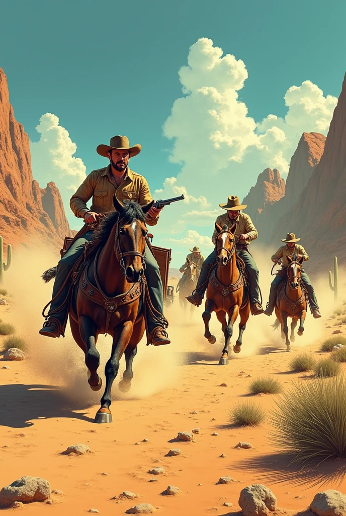 Hyperrealistic color comic from the 1950s in the middle of the desert, the sheriff travels in his truck chasing three cowboys who shoot with their pistols