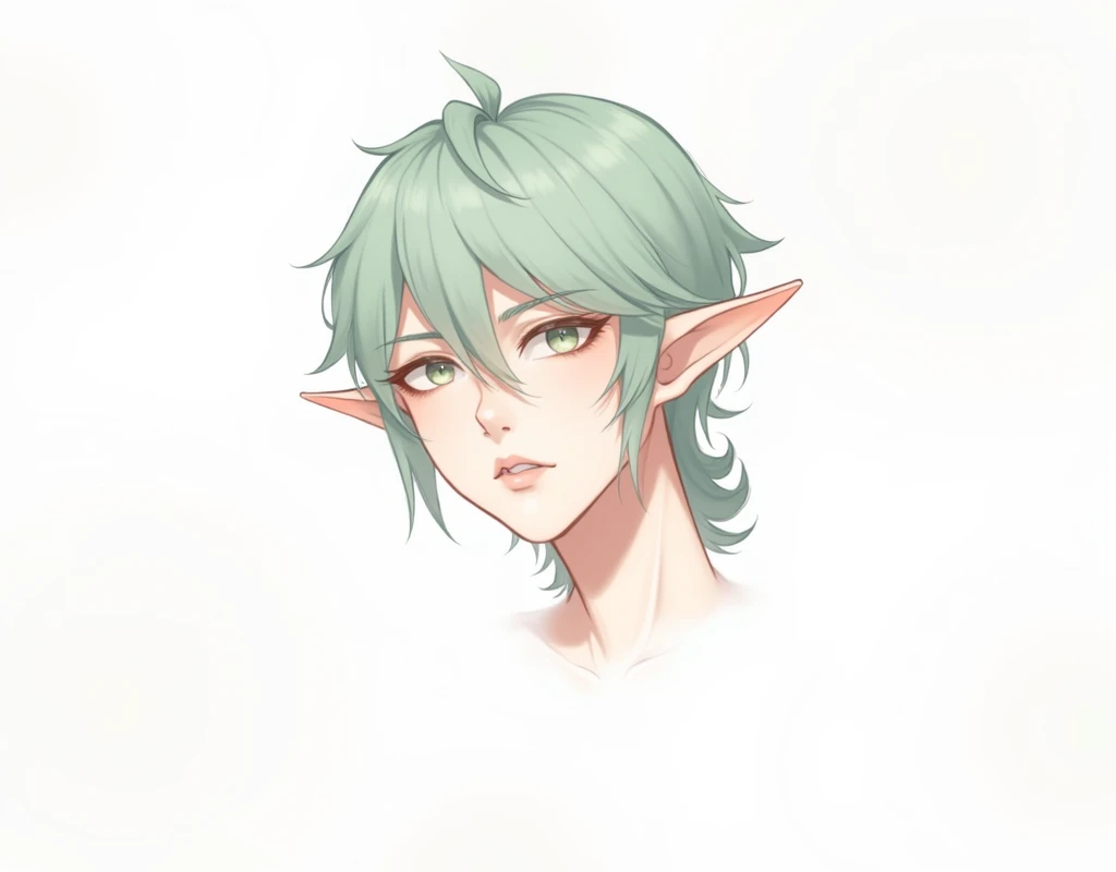 Handsome face，light green gradient hair，Elf ears，Bangs longer than eyes，Affectionate and serious