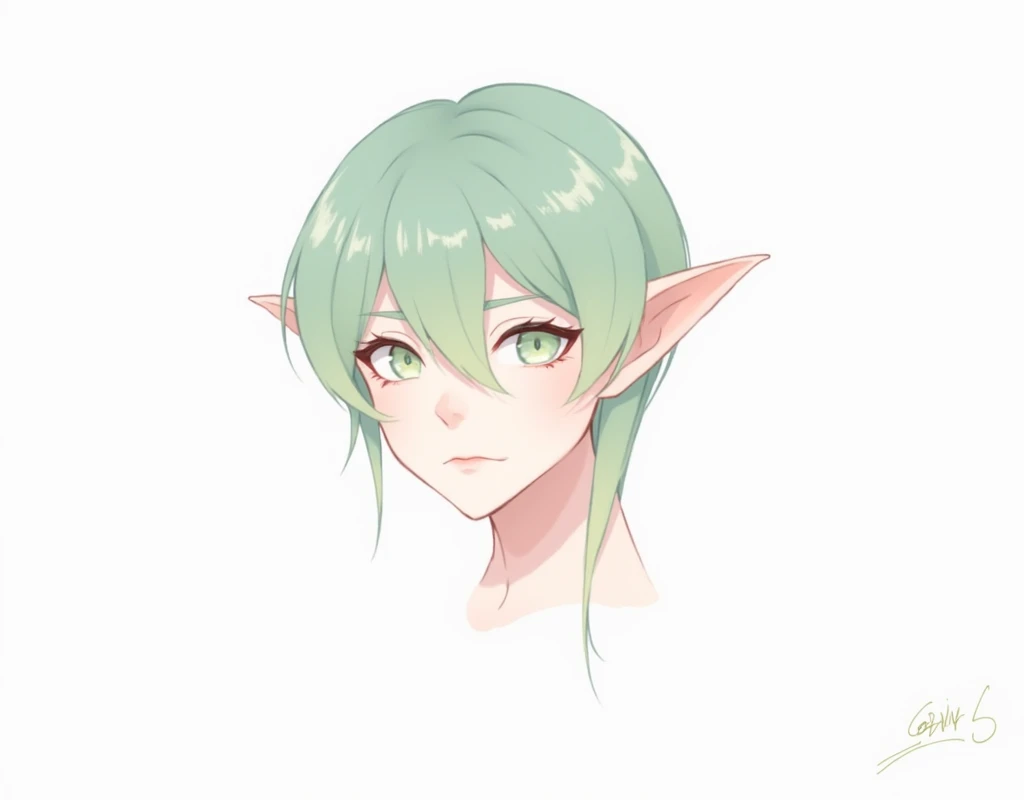 Handsome face,light green gradient hair,Elf ears,Bangs longer than eyes,Affectionate and serious