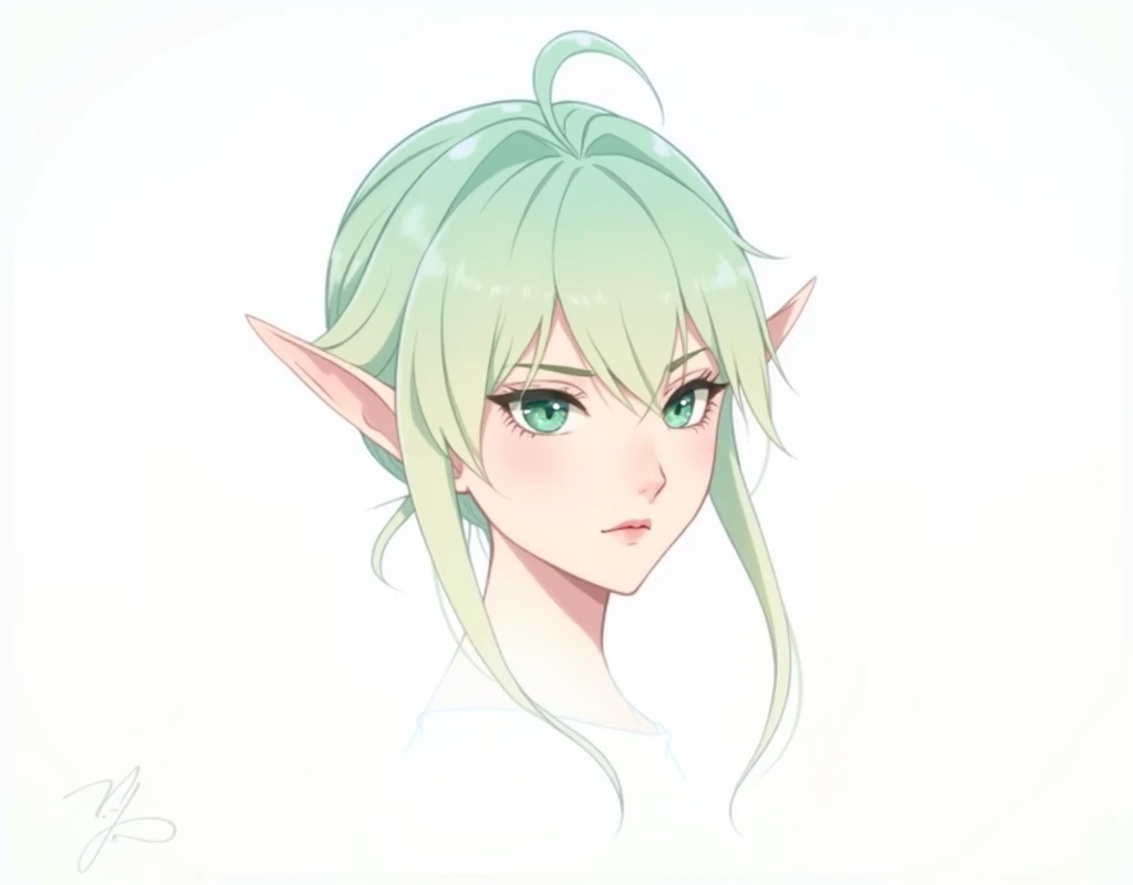 Handsome face,light green gradient hair,Elf ears,Bangs longer than eyes,Affectionate and serious