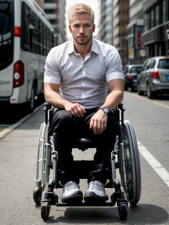 Handsome blond man, He is a wheelchair user, is sitting in a wheelchair with his hand on the wheels, paralyzed legs