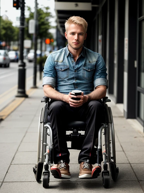 Handsome blond man, He is a wheelchair user, is sitting in a wheelchair with his hand on the wheels, paralyzed legs