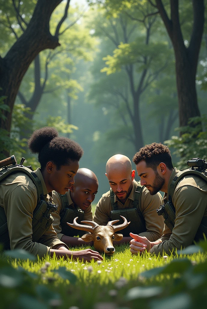 Four soldiers lying on a lawn in a forest, they are observing a splendid and majestic trophy, the soldiers are wearing bulletproof vests and have weapons hanging on their backs, there are 4 soldiers, two of them have dark skin, Of those with dark skin, one has short curly hair and the other has longer curly hair., the others have light skin, one with a pompadour and the other bald.