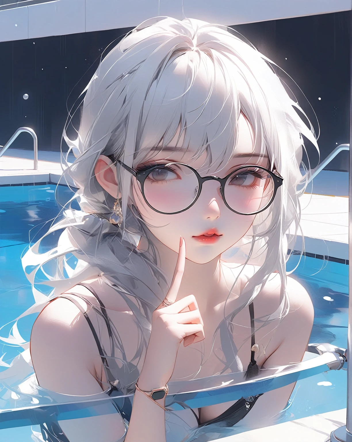 Anime - Woman in the pool with a ring, soda-themed girl, pool, Japanese model, next to the pool, style image of a woman with long hair and glasses, perfect white-haired girl, pixiv art station guweiz, cute anime girl, white-haired girl, 4k cartoon wallpaper, ahegao's face, guweiz, night core, index finger, artstation pixiv's guweiz, (anime girl) young and cute girl, cute core, sexy expression towards the camera, sexy girl, young and thin gravure idol, shot in the early 2020s, [32K HD]^10