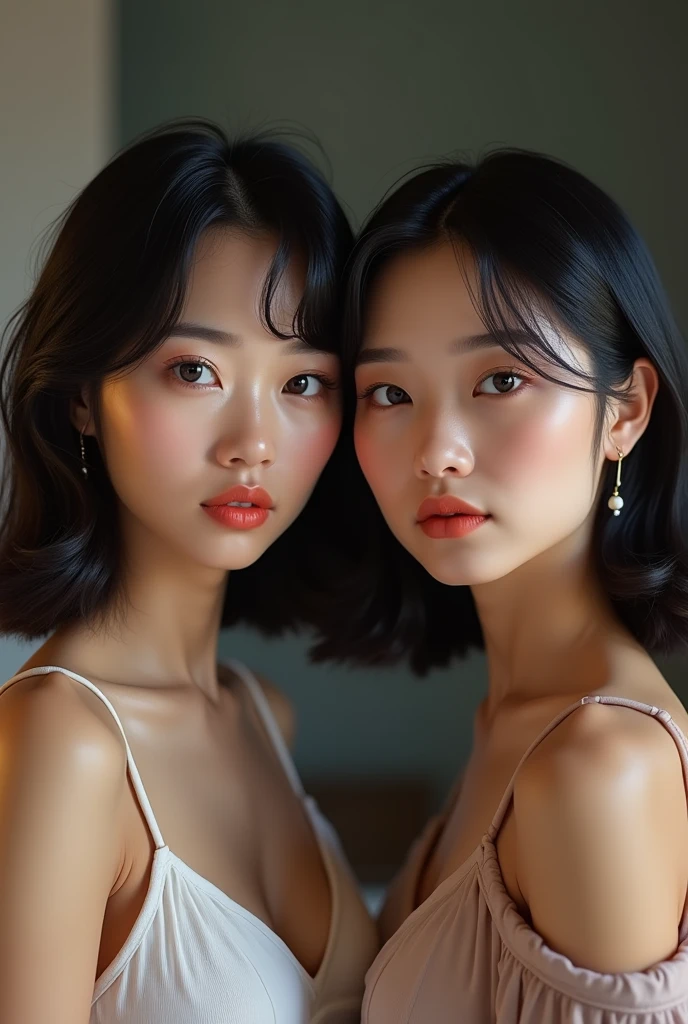 Realistic beautiful girl　desktop　Highest quality　High resolution　Very detailed　The finer details　2 girl　Japanese women　Idol&#39;s face　Beautiful attention to detail　Big black eyes　Medium Long Hair　Natural color lips　cute　Confidence in looking at the camera　smile　Model pose