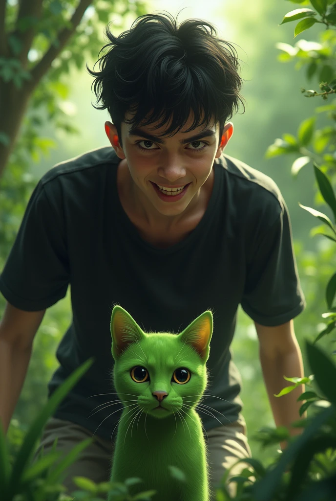 A young man with brown eyes and in black t shirt with evil laugh want to steal a cute poor little green cat in the green garden