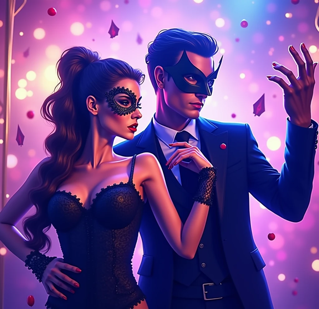 Create a book cover, a casino tycoon and a masked nightclub dancer, the woman wears a sensual outfit, the lips painted red. place elements like playing cards, pole dance