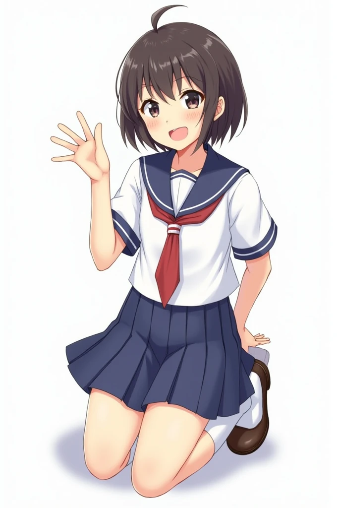 masterpiece, best quality, highres, ondr, 1girl, short hair, school uniform, white socks, serafuku, blue skirt, pleated skirt, necktie, squatting, waving,