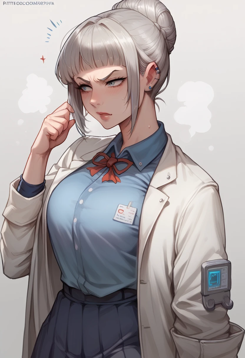 A science teacher with gray hair tied in a tight bun, standing in a white lab coat over her school uniform. She is facing the camera with a cold, calculating expression, her eyes a piercing blue. Her posture is rigid and formal, giving off an intimidating aura of authority and intellect.