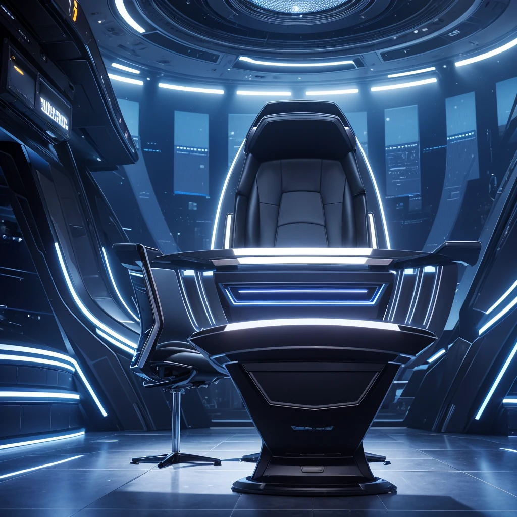 "Create a dramatic stage setting with a futuristic, high-energy atmosphere. The background features vibrant blue and white spotlights beaming across the stage, creating a dynamic and electrifying environment. In the foreground, there is a sleek, modern judge's desk with a metallic finish, a large red button centered on the desk, and a glowing title area. Behind the desk, place a high-backed executive chair, black with a polished design, positioned centrally as if ready for an important guest or judge.