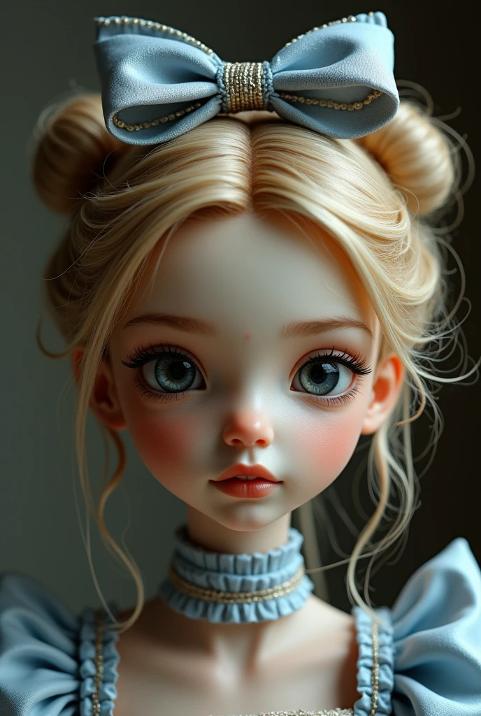 1 girl, work of art, best qualityer, 8k, Delicate skin texture, detailed fabric texture, beautiful and delicate face, details Intricate, extremely detaild, Alice in Wonderland, (The bow on your head:1.1), trunk