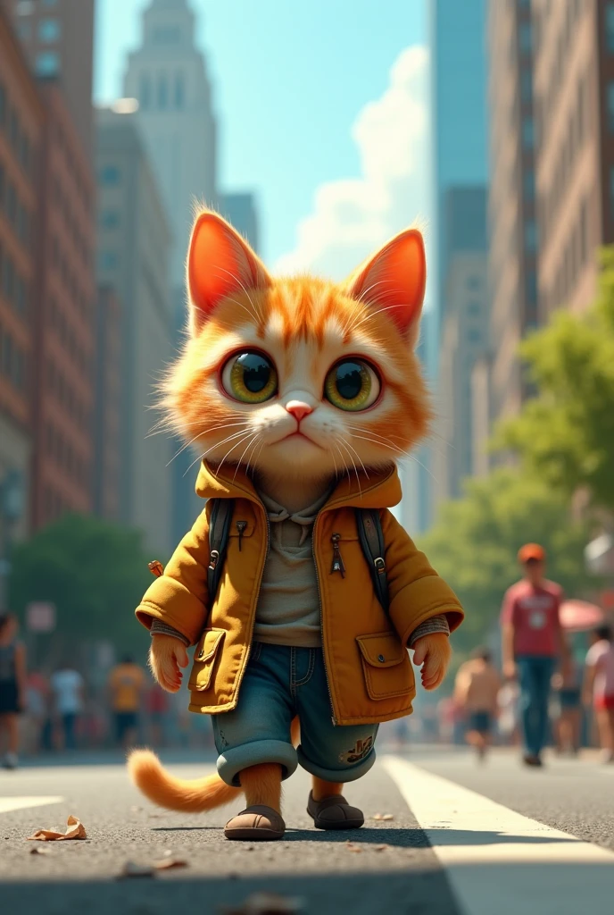 A cute close-up of an orange cat wandering around the city., kitchen, (Kinetics: 1.2), complicated details, ((A cat is walking along the roadside.)) ,Two-legged standing,Torn clothes, Walk on two legs,sad,Sell