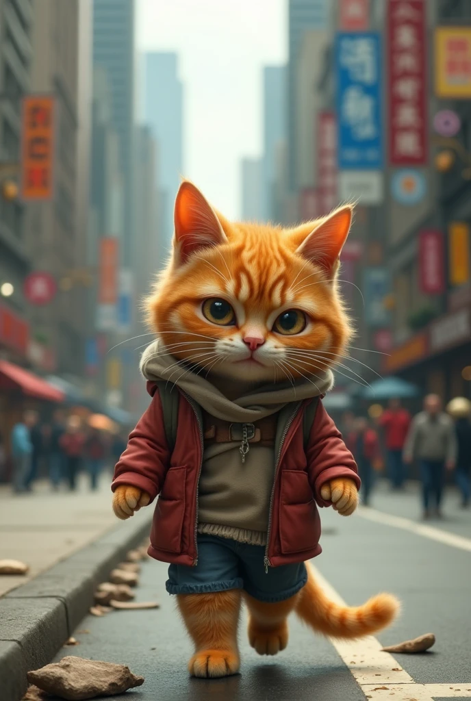 A cute close-up of an orange cat wandering around the city., kitchen, (Kinetics: 1.2), complicated details, ((A cat is walking along the roadside.)) ,Two-legged standing,Torn clothes, Walk on two legs,sad,Sell