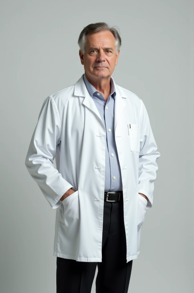 A man wearing a white coat and black pants