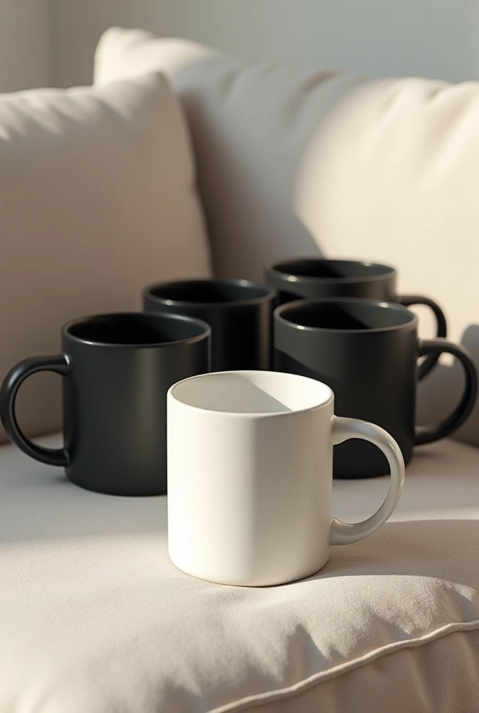 A white mug on top of the sofa and 5 other black mugs behind it