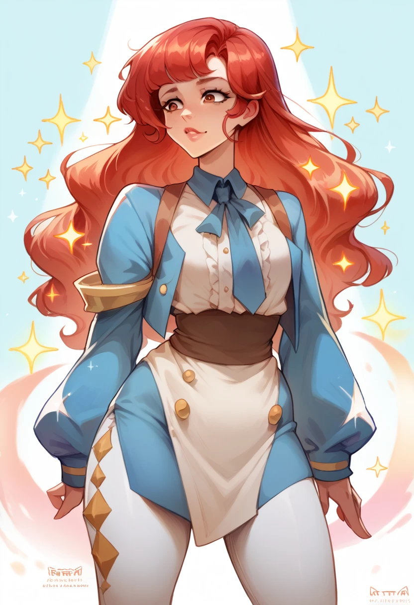 An art teacher with long red hair, standing in colorful, eccentric clothing that stands out against the school environment. She is looking at the camera with a dreamy, slightly distracted expression. Her posture is relaxed and open, as if she’s ready to share her creative world with anyone willing to listen. Her brown eyes sparkle with passion and creativity.