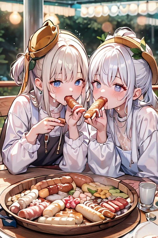 (8k, Highest quality, masterpiece:1.2),Two cute women eating sausages together、Deep Kiss、Dripping white liquid from mouth