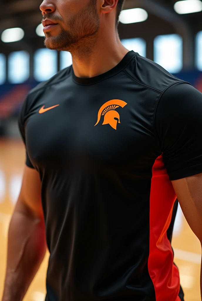 Black volleyball shirt with red and orange side details with a Spartans symbol on the left side of the chest with a volleyball