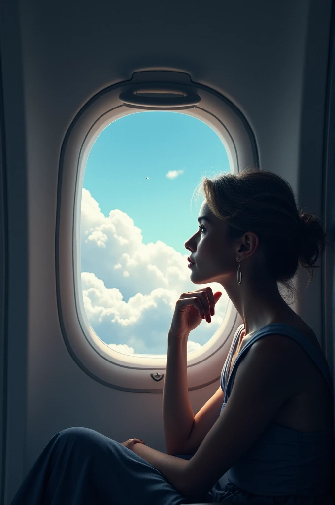 A woman traveling on a plane, looking out the window at the clouds