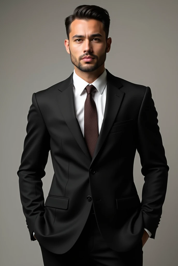Matt black suit close white inner shirt with dark brown tie
