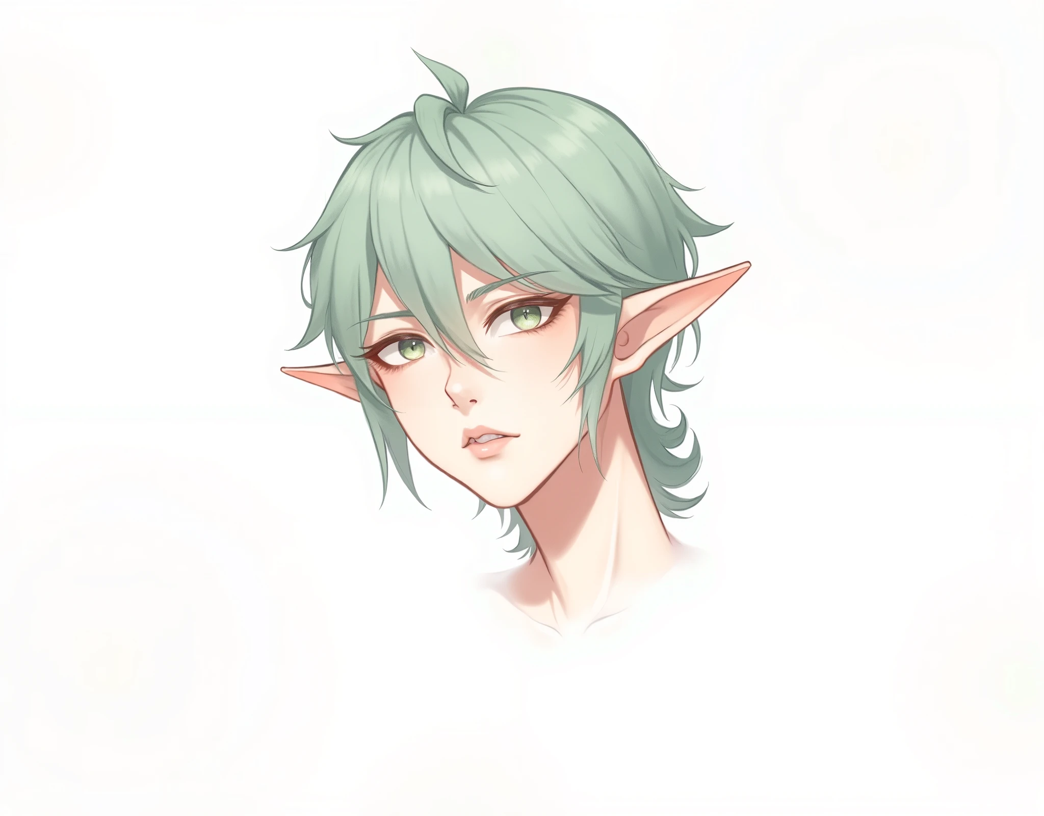 Handsome face，light green gradient hair，Elf ears，Bangs longer than eyes，Affectionate and serious