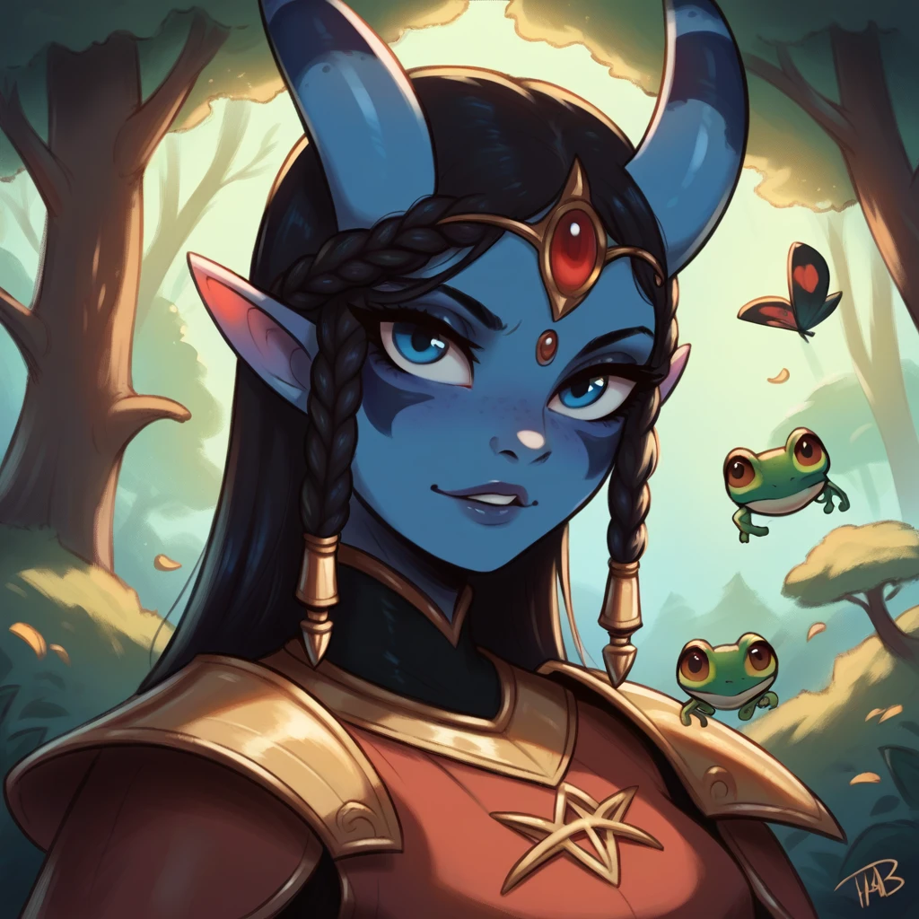 t72b, score_9, score_8_up, score_7_up, score_6_up, tree frog, with vivid blue skin and ultra-blue eyes in demonic armor
