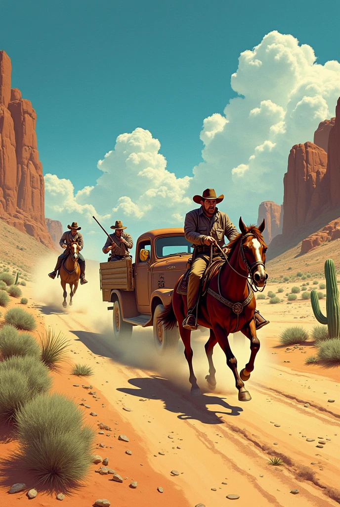 Hyperrealistic color comic from the 1950s in the middle of the desert, the sheriff travels in his truck chasing three cowboys who shoot with their pistols