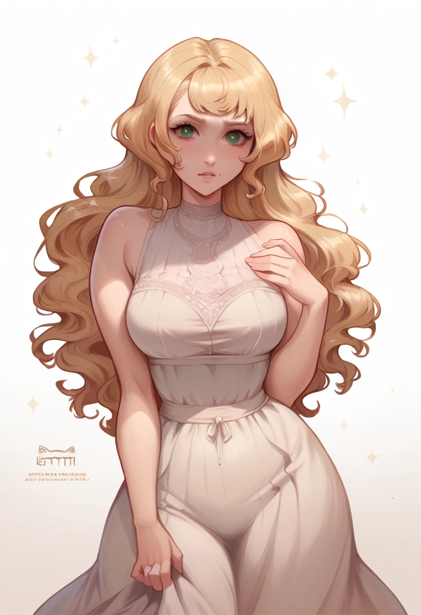 A literature teacher with blonde, wavy hair, standing in a simple, elegant dress. She is looking directly at the camera with a gentle, empathetic expression. Her posture is soft and inviting, with a slight tilt of the head that suggests she’s ready to listen and offer support. Her green eyes are warm and reassuring.