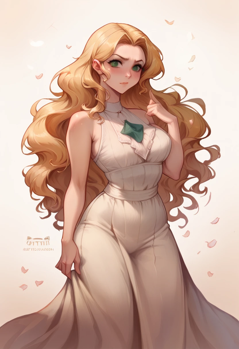A literature teacher with blonde, wavy hair, standing in a simple, elegant dress. She is looking directly at the camera with a gentle, empathetic expression. Her posture is soft and inviting, with a slight tilt of the head that suggests she’s ready to listen and offer support. Her green eyes are warm and reassuring.