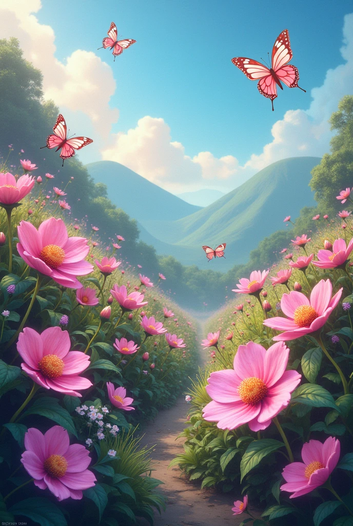 A picture of a magical flower garden, with magical flowers, and butterflies flying