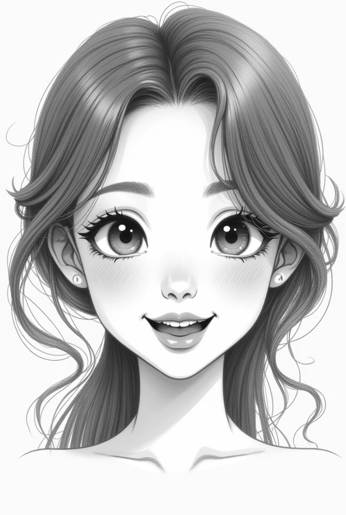 girly face, drawing reference, 3D reference, line art, mouth with big lips, round asian face, soft and big hair, thick nose
