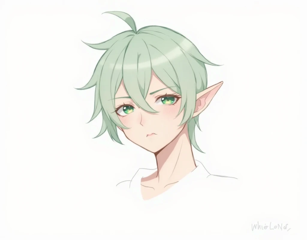 Handsome face，light green gradient hair，Elf ears，Bangs longer than eyes，Affectionate and serious