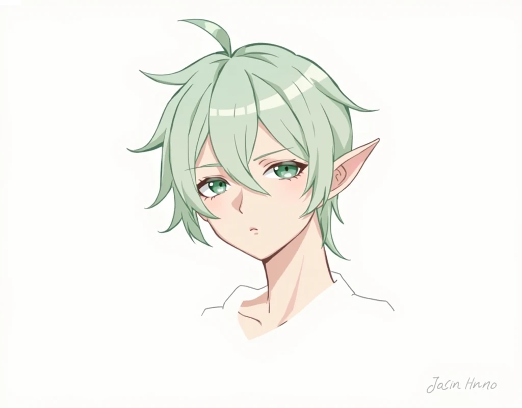 Handsome face,light green gradient hair,Elf ears,Bangs longer than eyes,Affectionate and serious