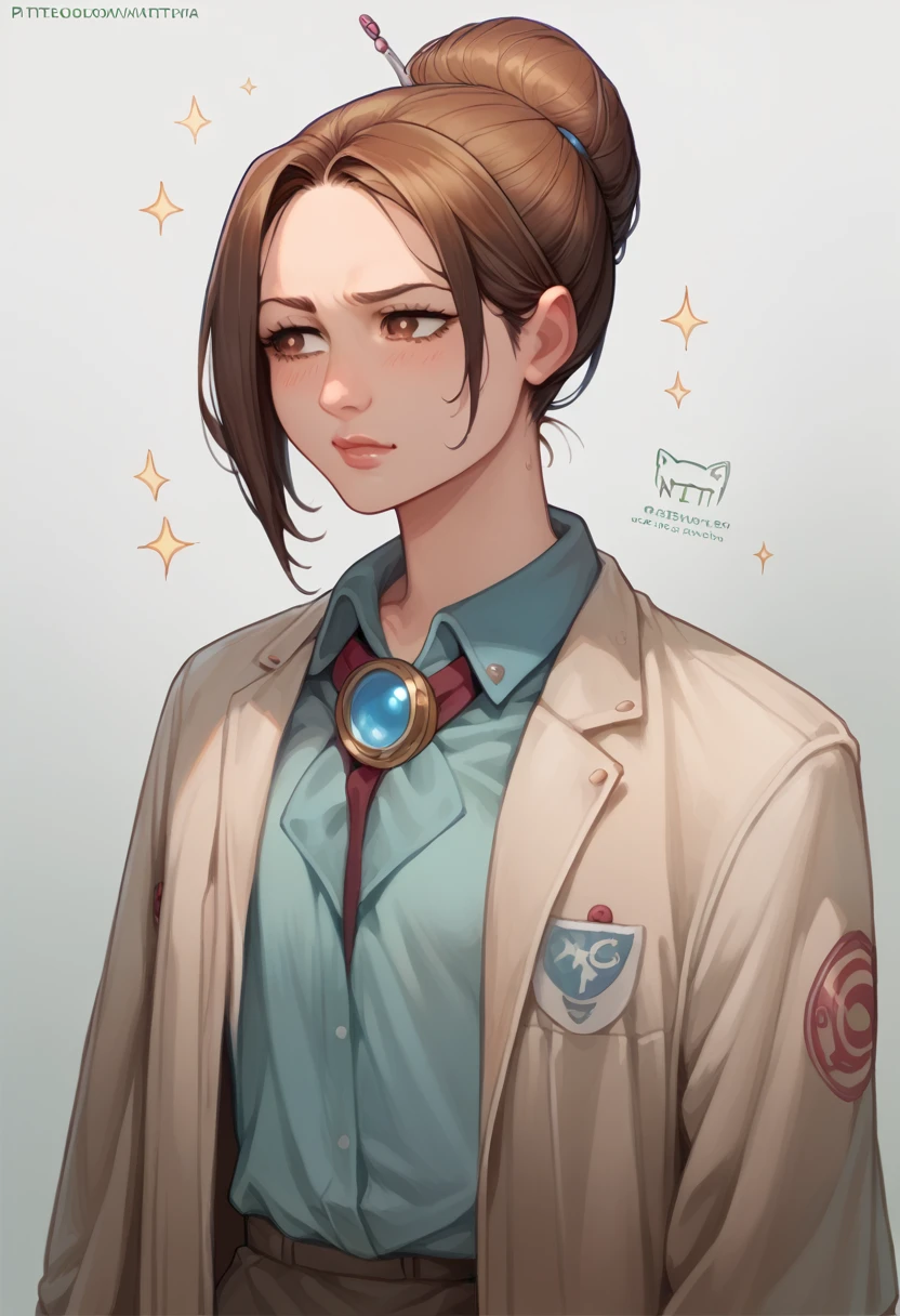 A history teacher with brown hair tied in a loose bun, standing in a long coat over her school uniform. She faces the camera with a calm, enigmatic expression, her brown eyes deep and knowing. Her posture is relaxed, but there’s a subtle intensity to her presence, as if she’s always observing and calculating more than she lets on.