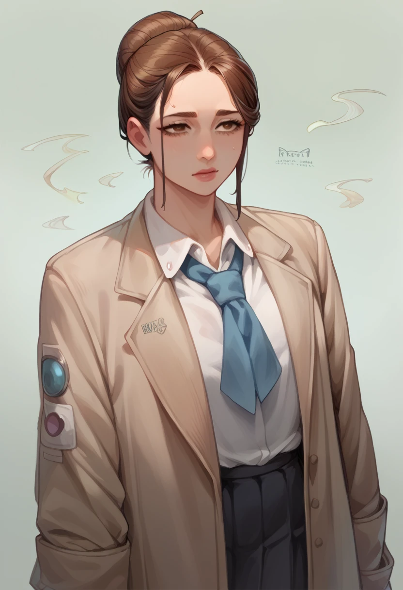 A history teacher with brown hair tied in a loose bun, standing in a long coat over her school uniform. She faces the camera with a calm, enigmatic expression, her brown eyes deep and knowing. Her posture is relaxed, but there’s a subtle intensity to her presence, as if she’s always observing and calculating more than she lets on.