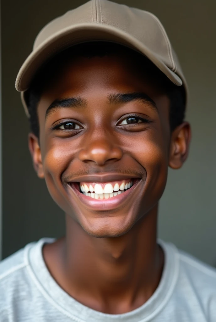 make a teenager around 20 years old black wearing a cap and smiling