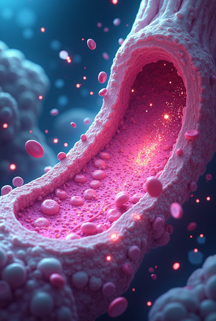 "Design an anime-style background that illustrates the process of bone remodeling. The scene should depict a cross-section of bone, with exaggerated, vibrant colors and stylized cells. Show osteoclasts and osteoblasts in a dynamic, action-packed setting, as they break down and rebuild bone tissue. The bone structure should have a textured, slightly futuristic look, with energy lines or glowing effects to emphasize the ongoing activity. Include details like blood vessels and a marrow cavity, all rendered in a colorful, animated style typical of anime."