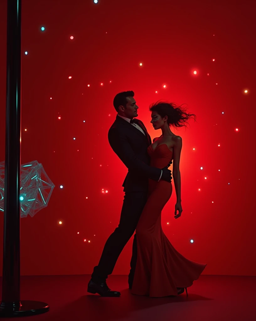 Create a book cover, a casino tycoon and a masked nightclub dancer, the woman wears a sensual outfit, the lips painted red. place elements like playing cards, pole dance