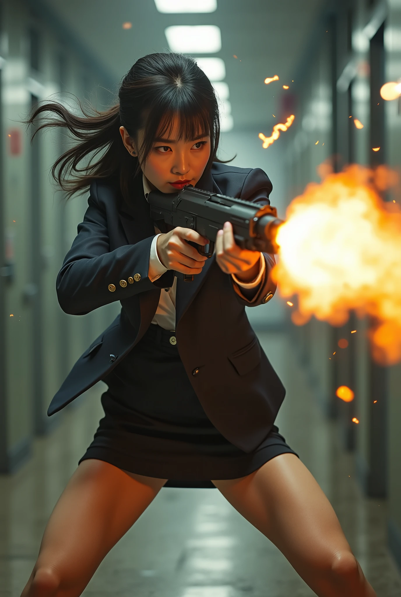 beautiful chinese office lady mini skirt realistic machine gun toting hip firing real person legs apart standing rampage shooting side facing


